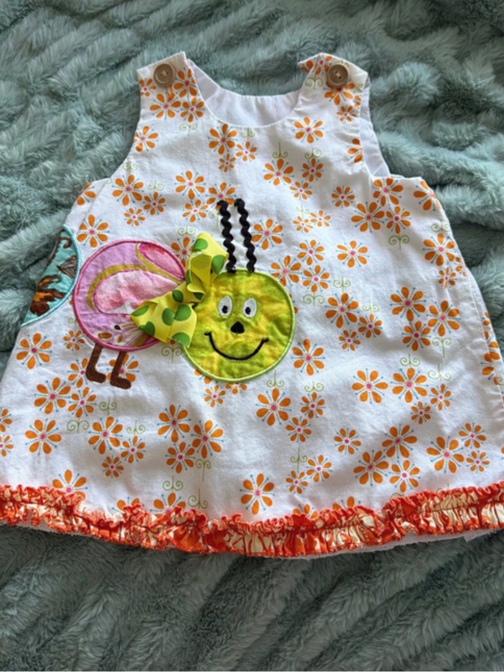 Girls' White Floral Applique Dress with Orange Trim